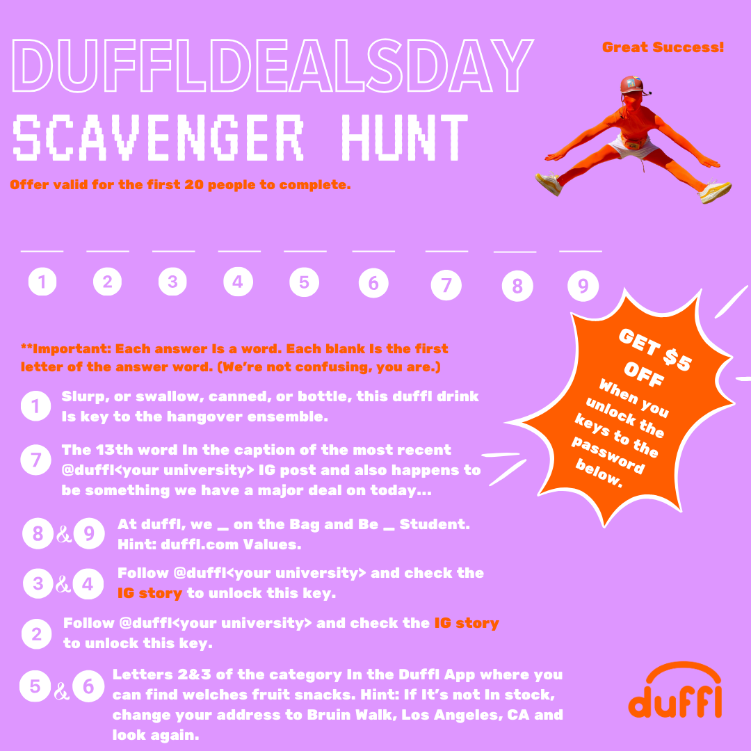 Scavenger hunt clue for Duffldealsday